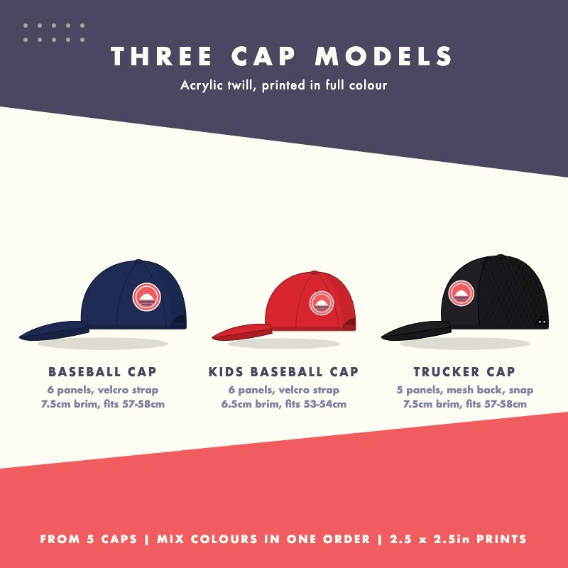 Three cap models for printing: adult baseball cap, kids baseball cap and trucker cap with a mesh back