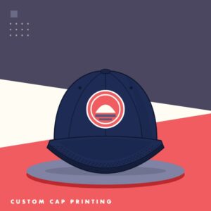 Navy baseball cap with a full-colour round logo printed on the front
