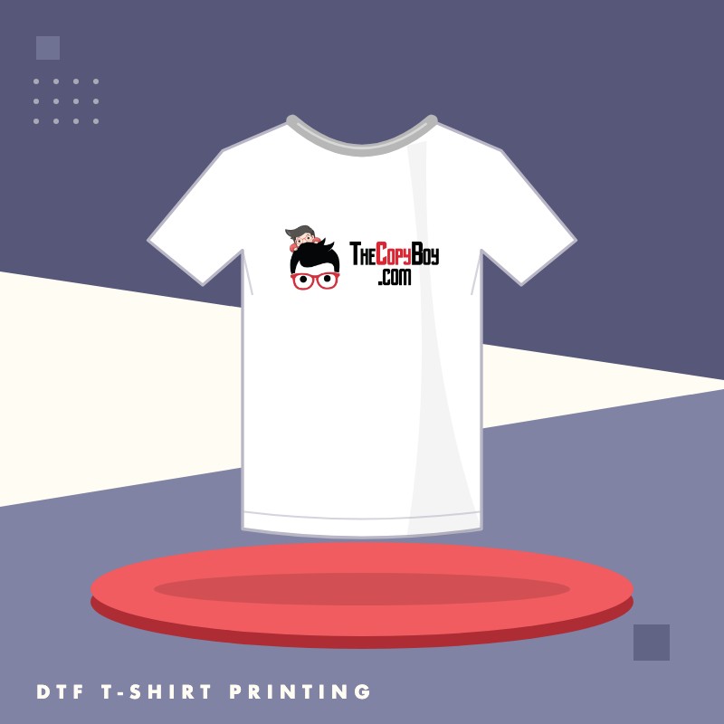 White custom DTF printed t-shirt with a full-colour logo on the chest