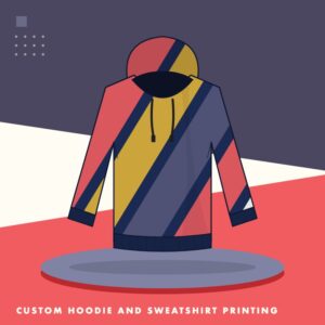 Hoodie with a full-colour all-over print in red, gold and navy stripes