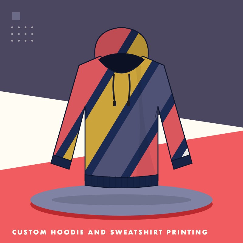 Hoodie with a full-colour all-over print in red, gold and navy stripes