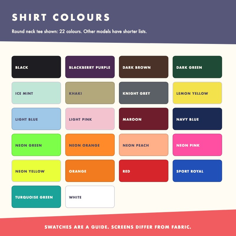 Shirt colour swatches available for custom DTF t-shirt printing
