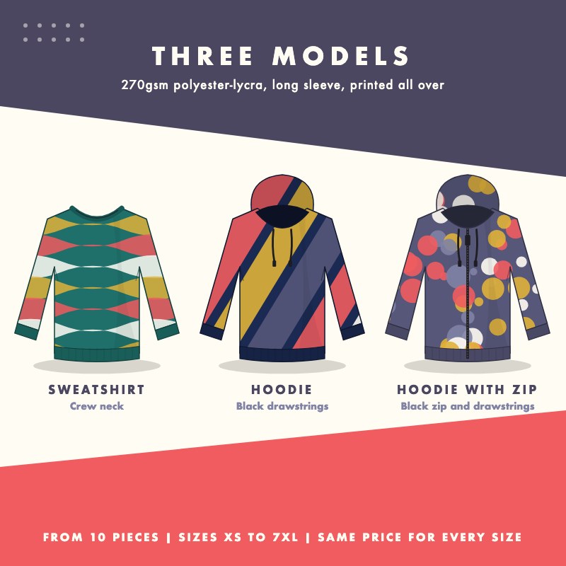 Three models for all-over printing: crew neck sweatshirt, hoodie and hoodie with zip