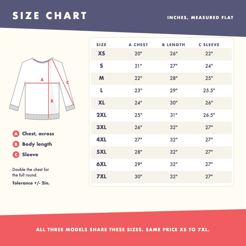 Hoodie and sweatshirt size chart in inches from XS to 7XL: chest, body length and sleeve