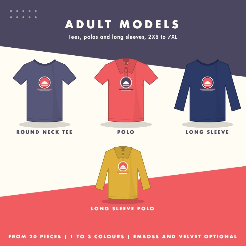 Adult shirt models for silkscreen printing: round neck tee, polo, long sleeve and long sleeve polo