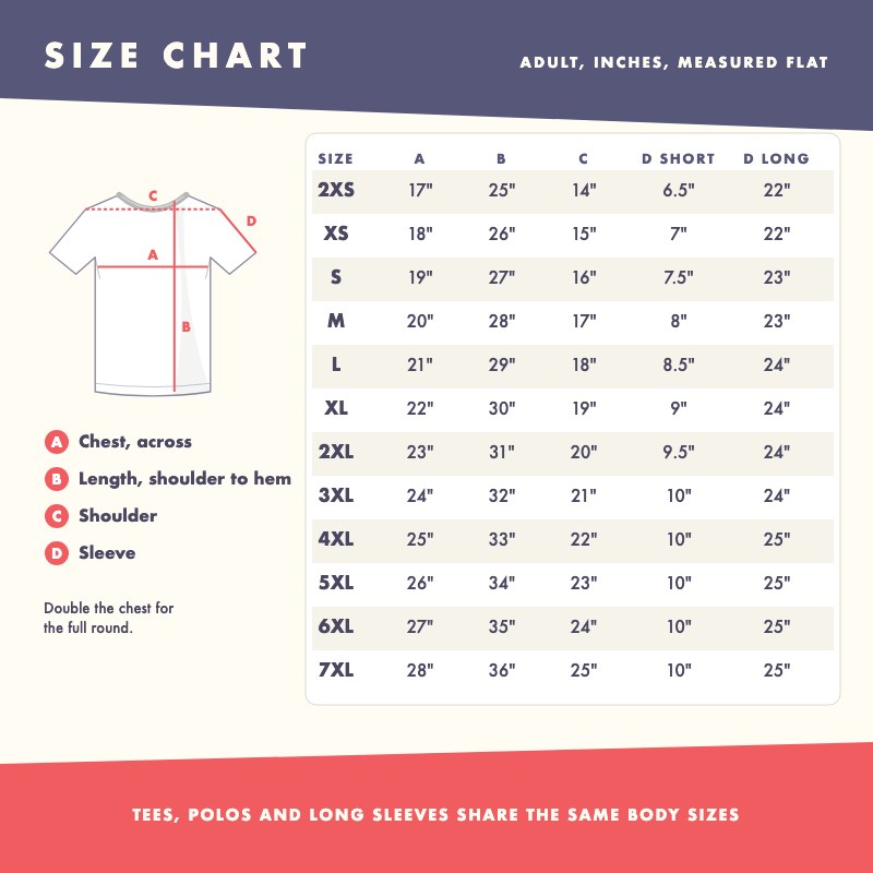 Adult t-shirt size chart in inches from 2XS to 7XL: chest, length, shoulder and sleeve